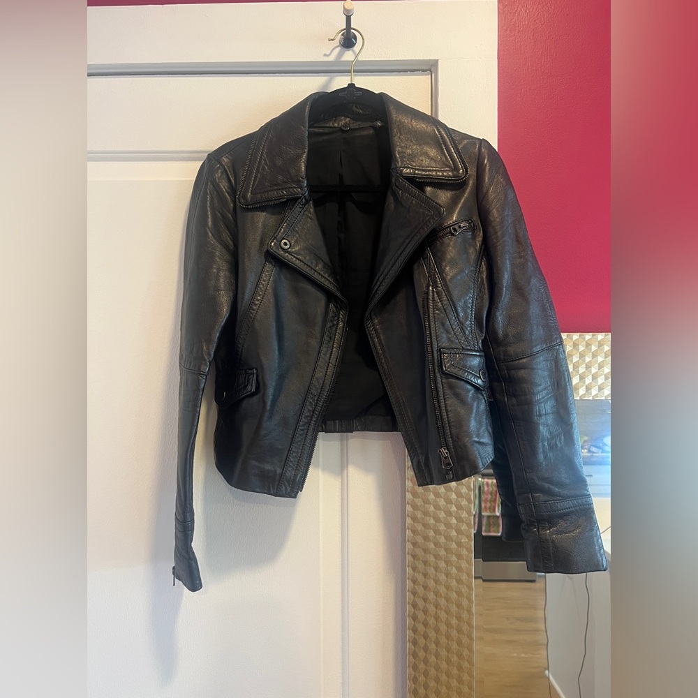 Vintage Armani Exchange Women's Small Black Genuine Leather Cropped Jacket